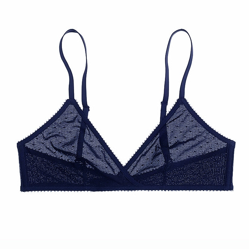 Soutien-gorge triangle bleu à pois en tulle blanc