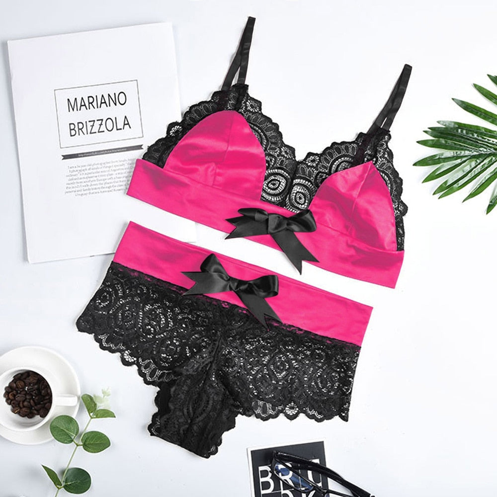 Ensemble de lingerie flashy rose avec noeud et dentelle