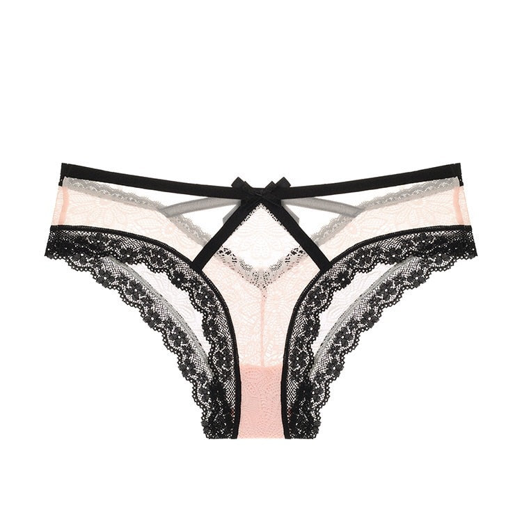 Tanga dentelle et ficelles rose et noir avec un petit noeud