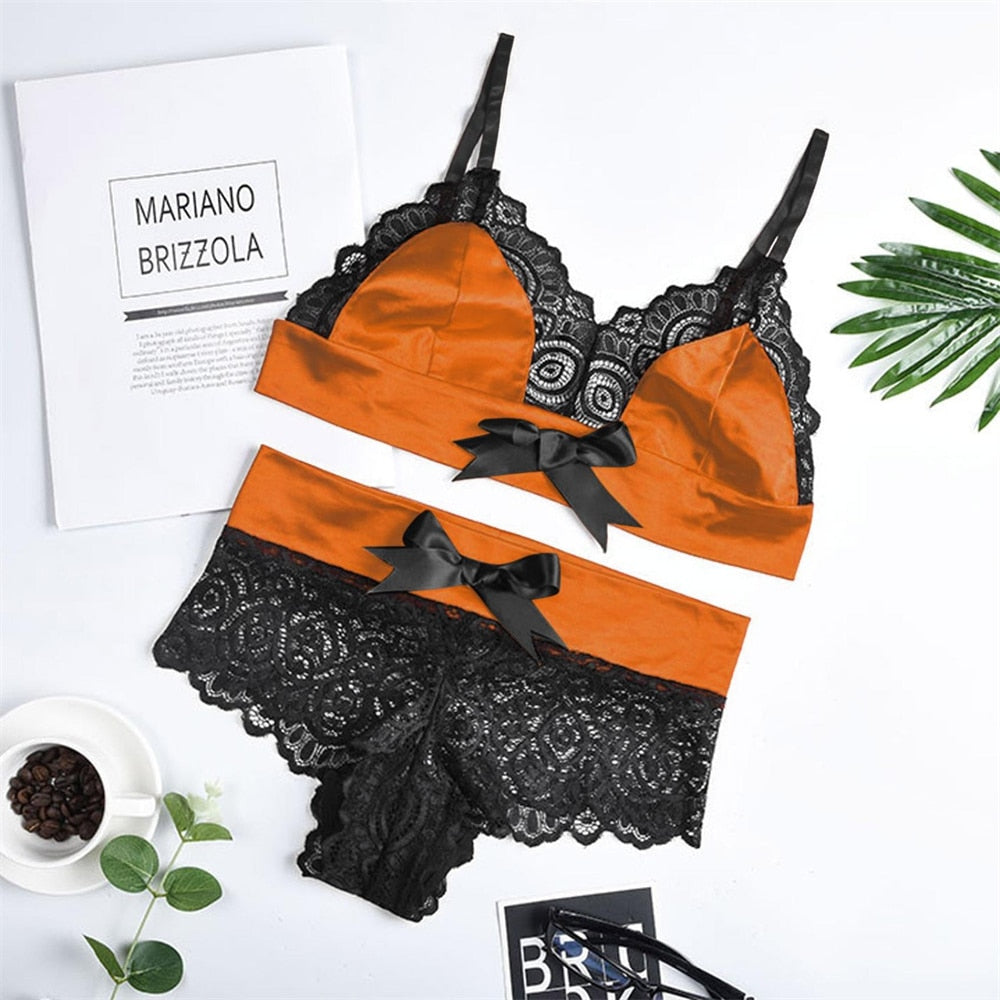 Ensemble de lingerie flashy orange avec noeud et dentelle