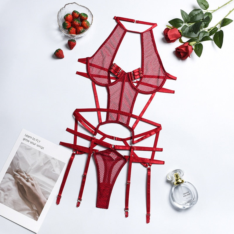 Body bondage en maille et lanières pour femme