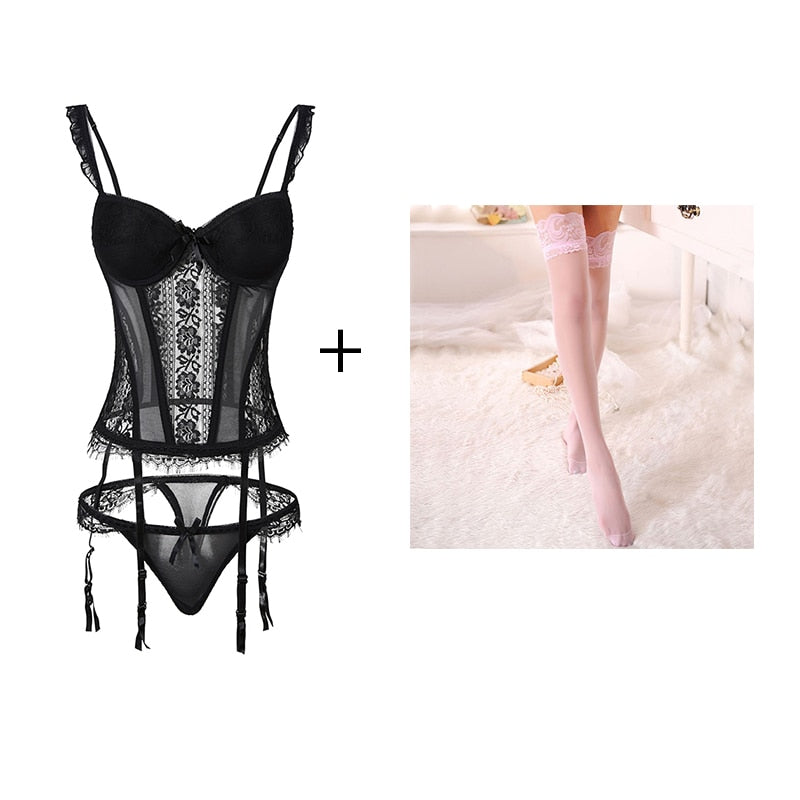 Ensemble de lingerie érotique guêpière avec bas blancs et string 