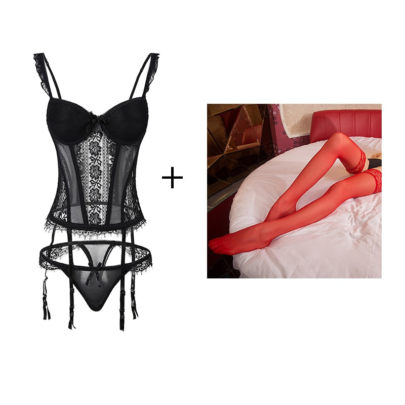 Duo coquin guêpière en dentelle, bas rouge et string