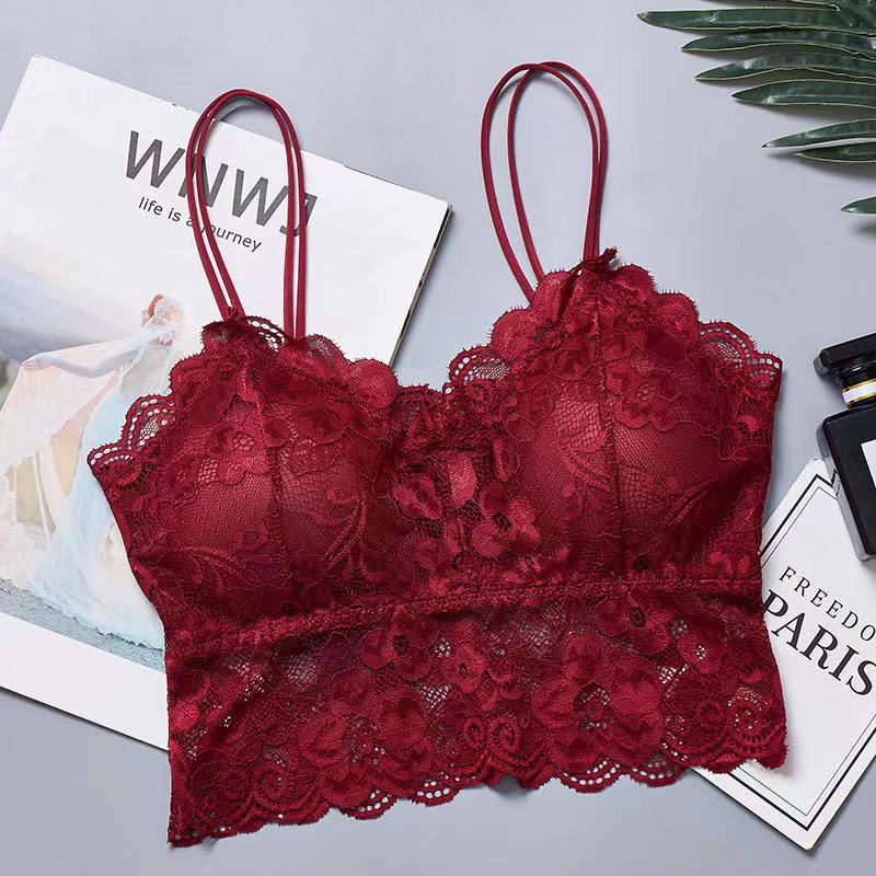 Bralette chic à fleurs sans attache en dentelle bordeaux