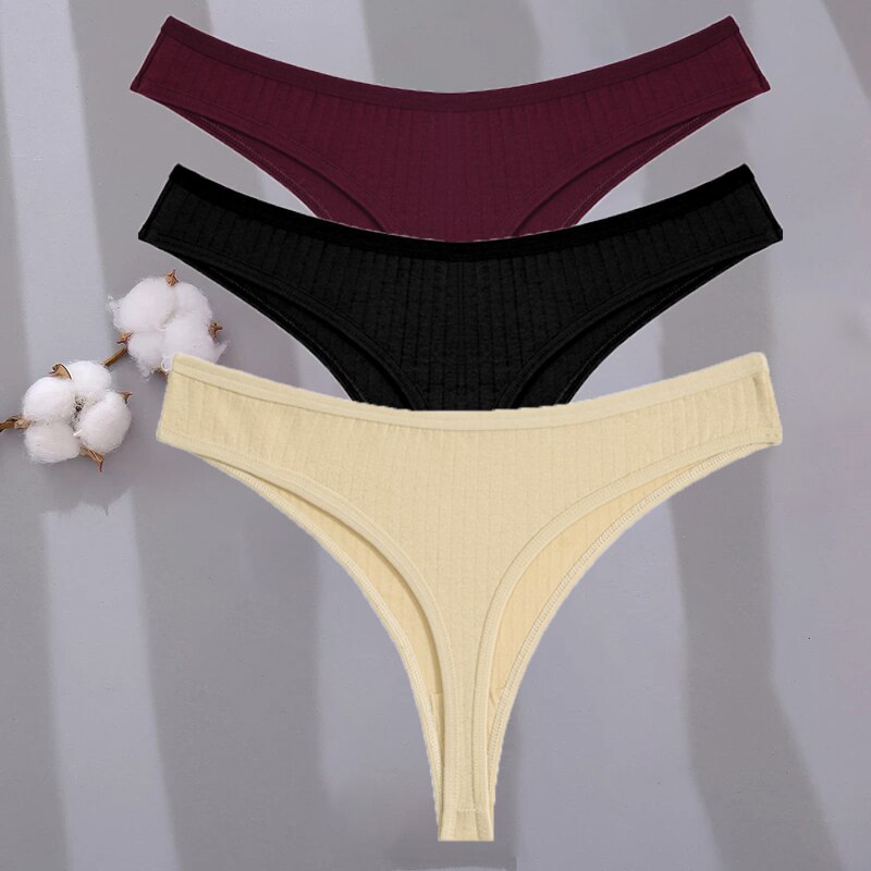 Lot de 3 strings en coton, bordeaux, noir et beige