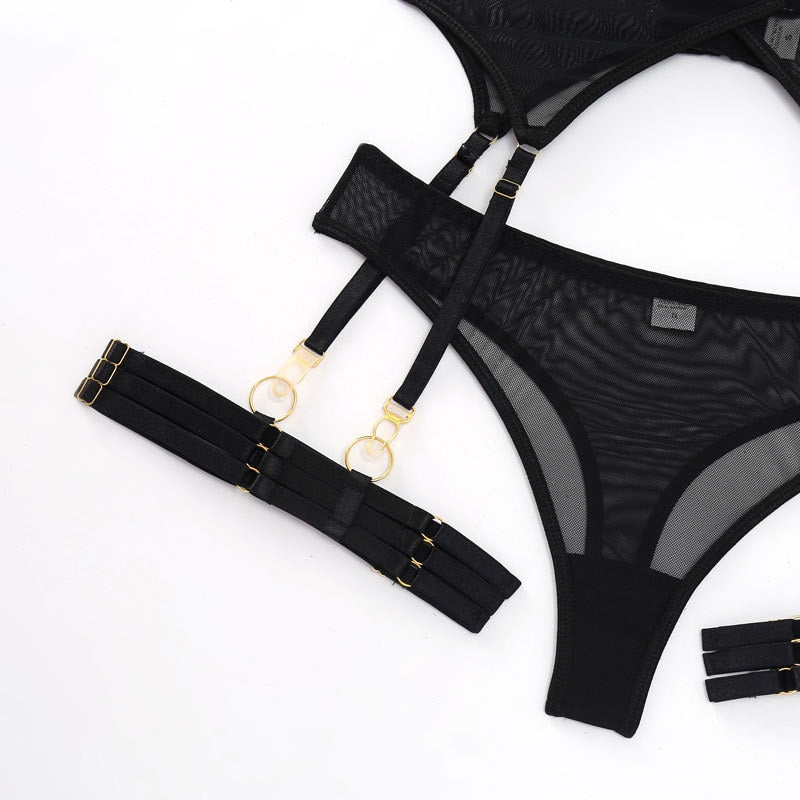 Porte-jarretelle d'un ensemble de lingerie érotique 4 pièces noir watsunder