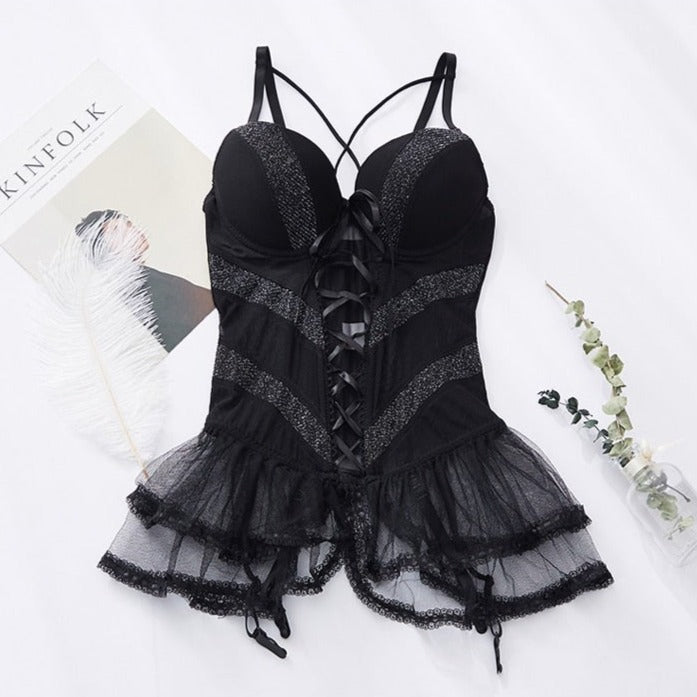 Guêpière sexy en tulle noire avec bonnets rembourrés