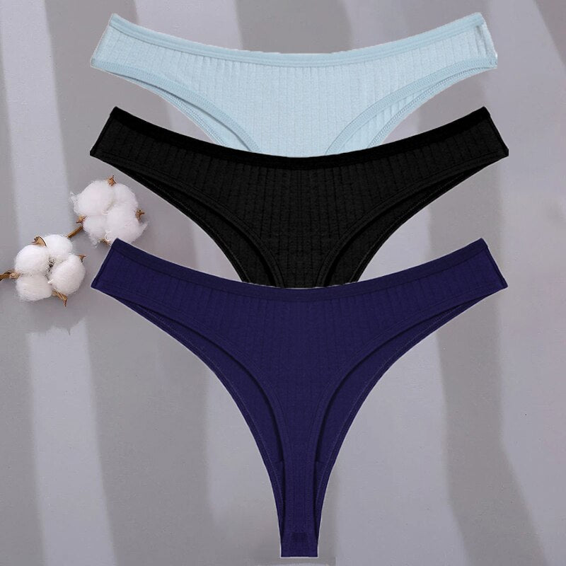 Lot de 3 strings en coton, bleu clair, noir et bleu