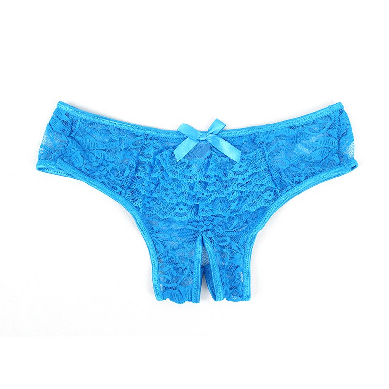 Tanga ouvert en dentelle bleu avec un petit noeud