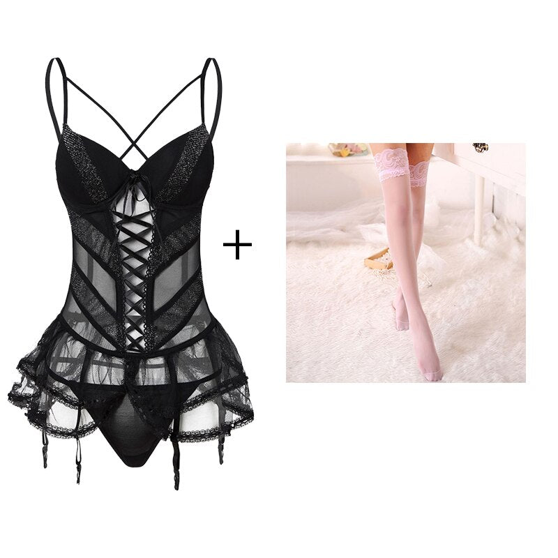 Lingerie érotique guêpière et string en tulle avec bas roses