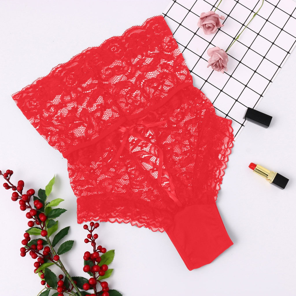 culotte rouge taille haute en dentelle