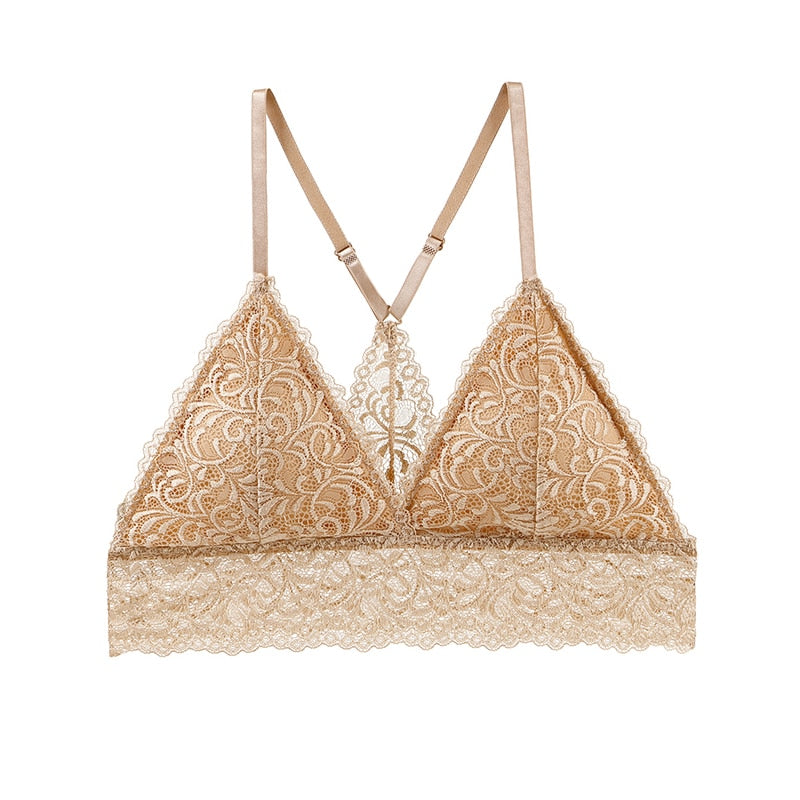 Bralette triangle en dentelle avec dos croisé couleur beige