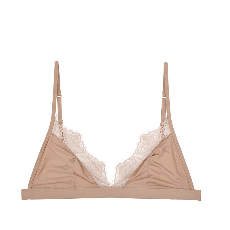 Soutien-gorge triangle marron satin et dentelle, sansa armature