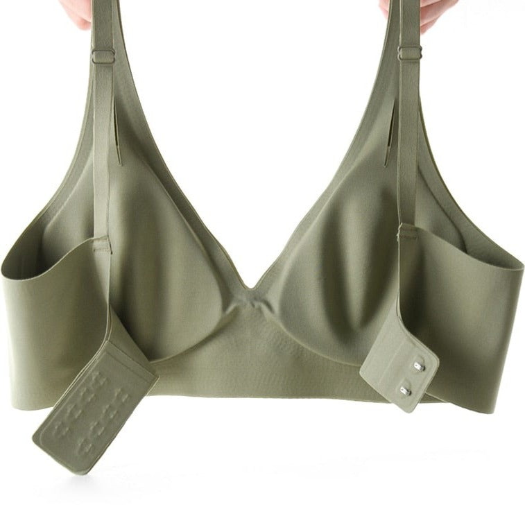 Dos d'une bralette verte, lingerie sans armature et rembourrée