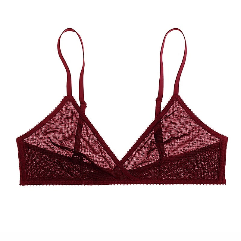 Soutien-gorge triangle à pois en tulle bordeaux