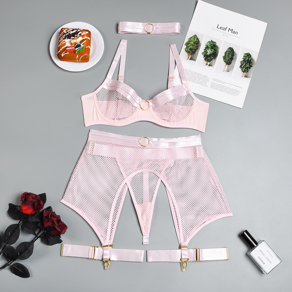 Petite tenue érotique push up avec string ficelle et porte-jarretelles rose watsunder