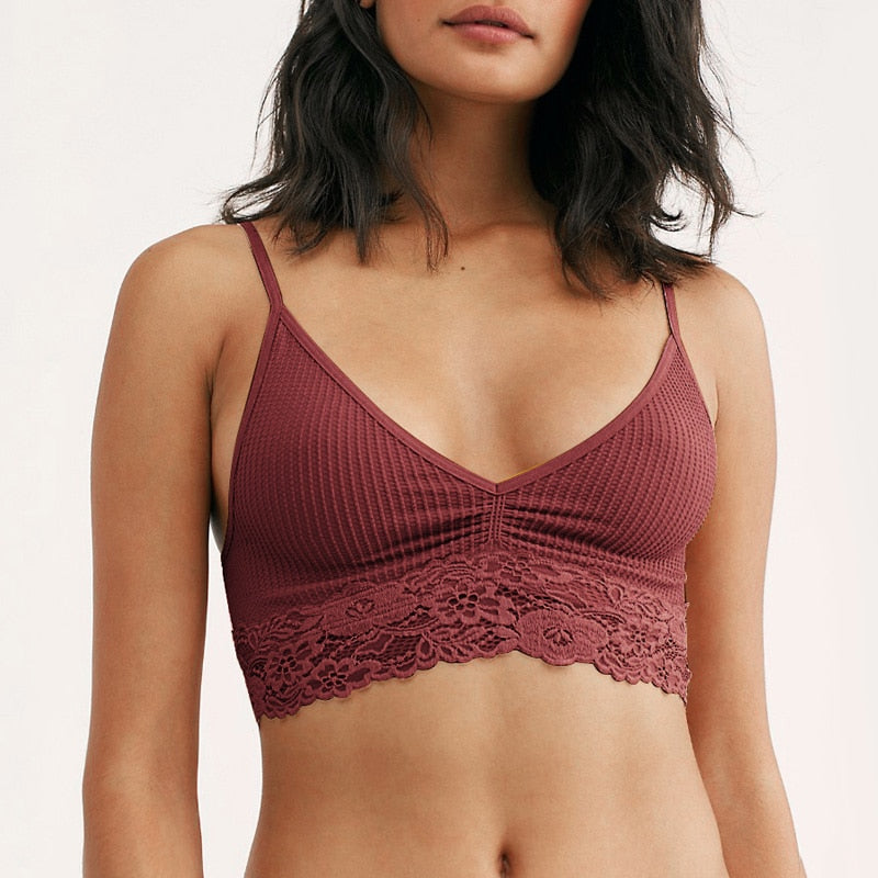 Bralette bordeaux sans armature en dentelle et coton