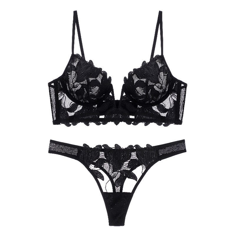 Ensemble de lingerie érotiques noir à fleurs watsunder