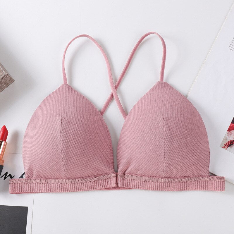 Soutien-gorge triangle rose à fermeture avant, lingerie à bretelles croisées