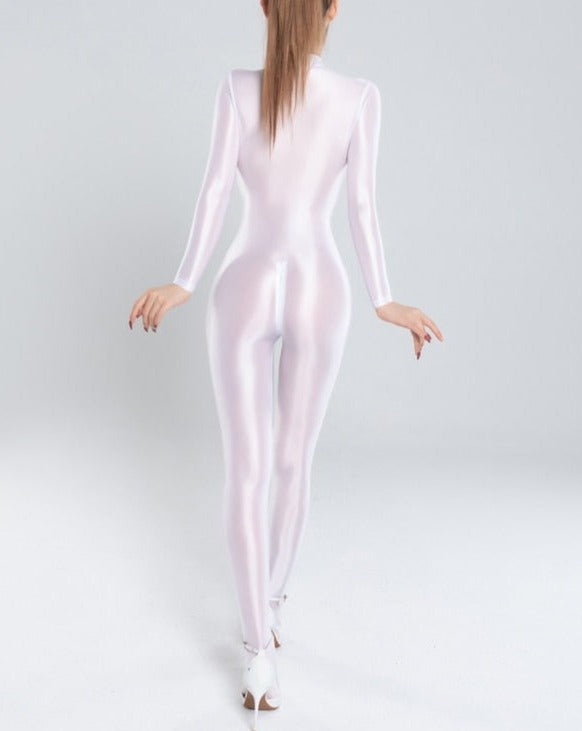 Catsuit intégral satin sexy blanc pour femme