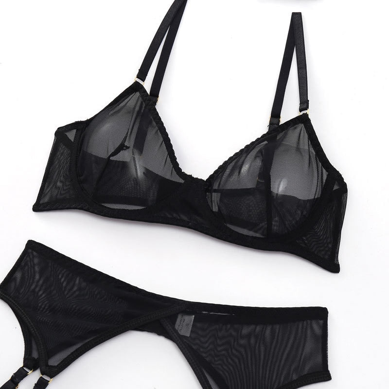 Ensemble de lingerie érotique 4 pièces noir avec soutien-gorge et porte-jarretelle