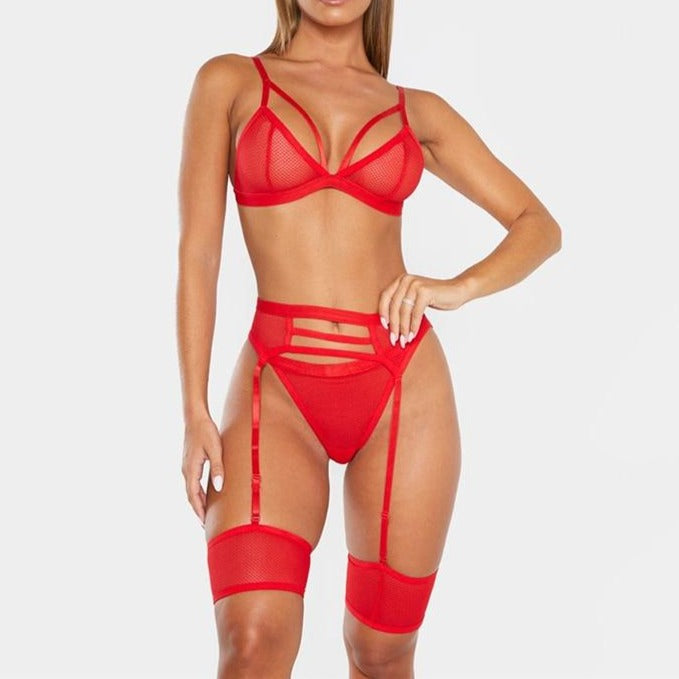 Lingerie érotique lanières et jarretelles avec tulle résille rouge watsunder