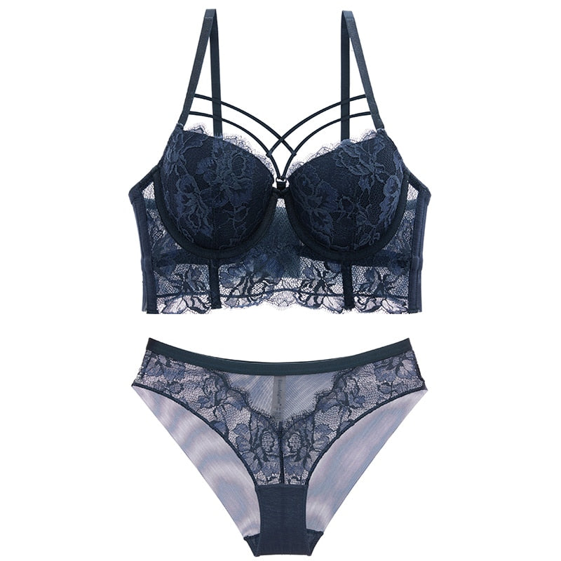 Ensemble bralette et culotte en dentelle bleue