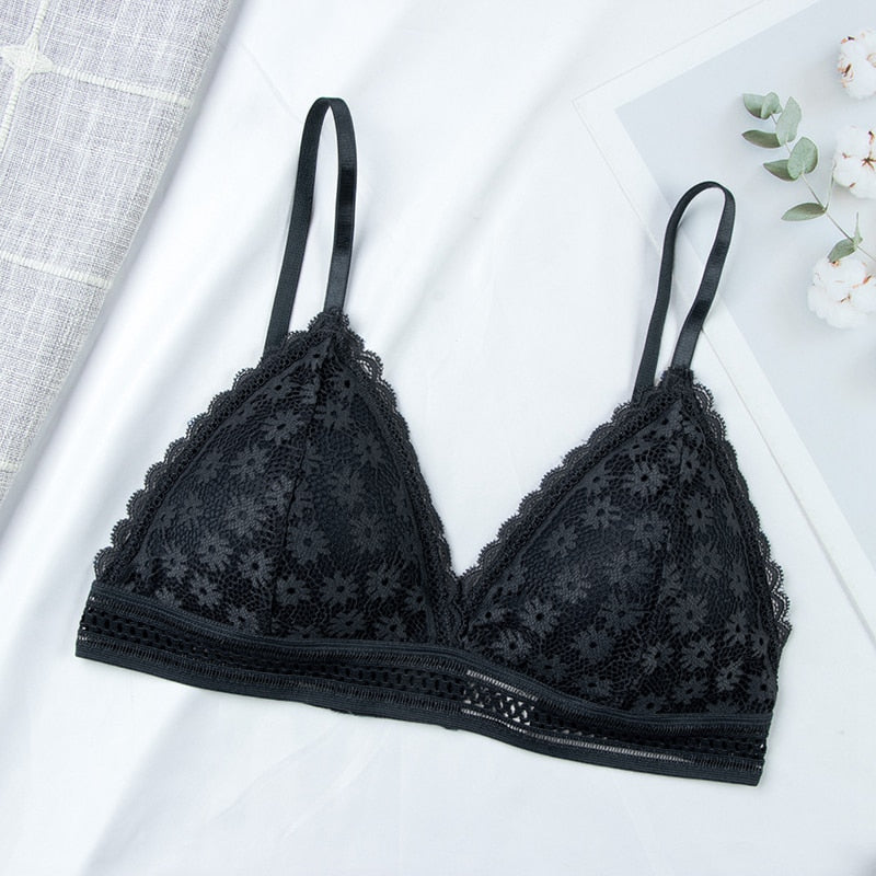 Soutien-gorge triangle noir en dentelle florale sans armature