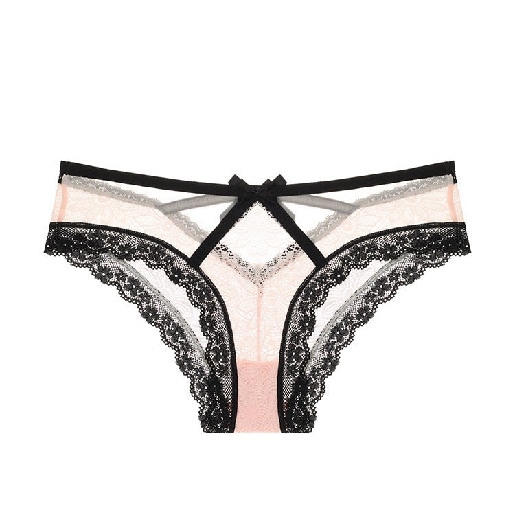 Tanga dentelle et ficelles rose et noir avec un petit noeud