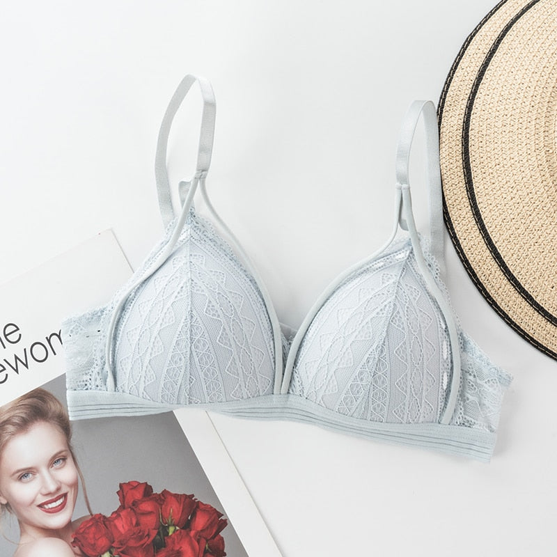 Soutien-gorge sexy bleu à lanières, sous-vêtement sans armature