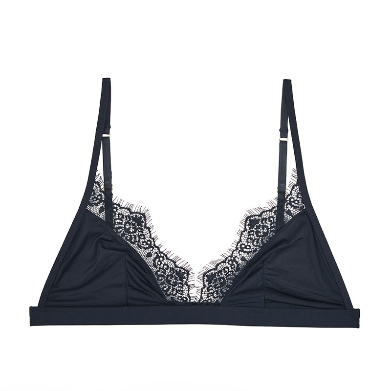 Soutien-gorge triangle noir satin et dentelle, sous-vêtement sexy pour femme