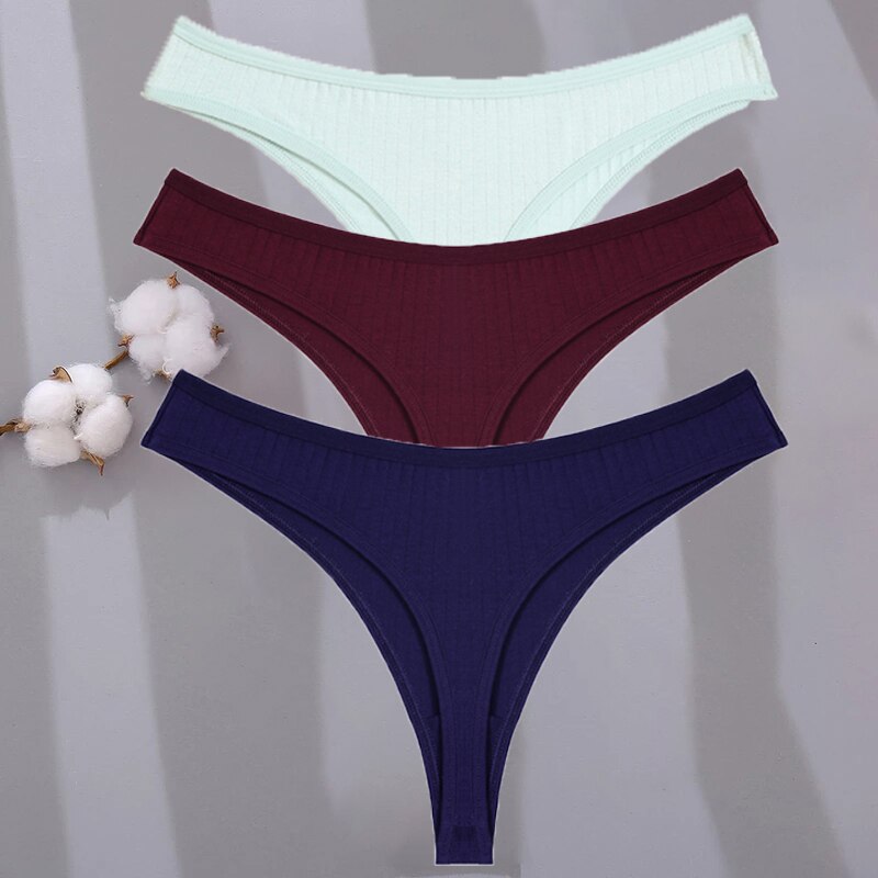 Lot de 3 strings en coton, blanc, bordeaux et bleu