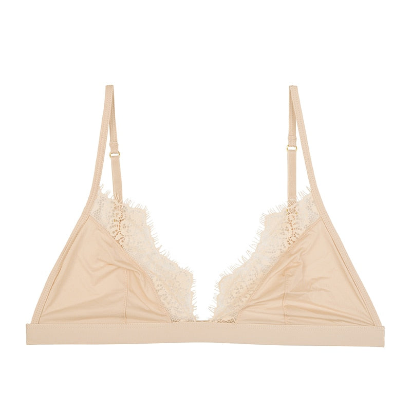 Soutien-gorge triangle beige satin et dentelle, sans armature