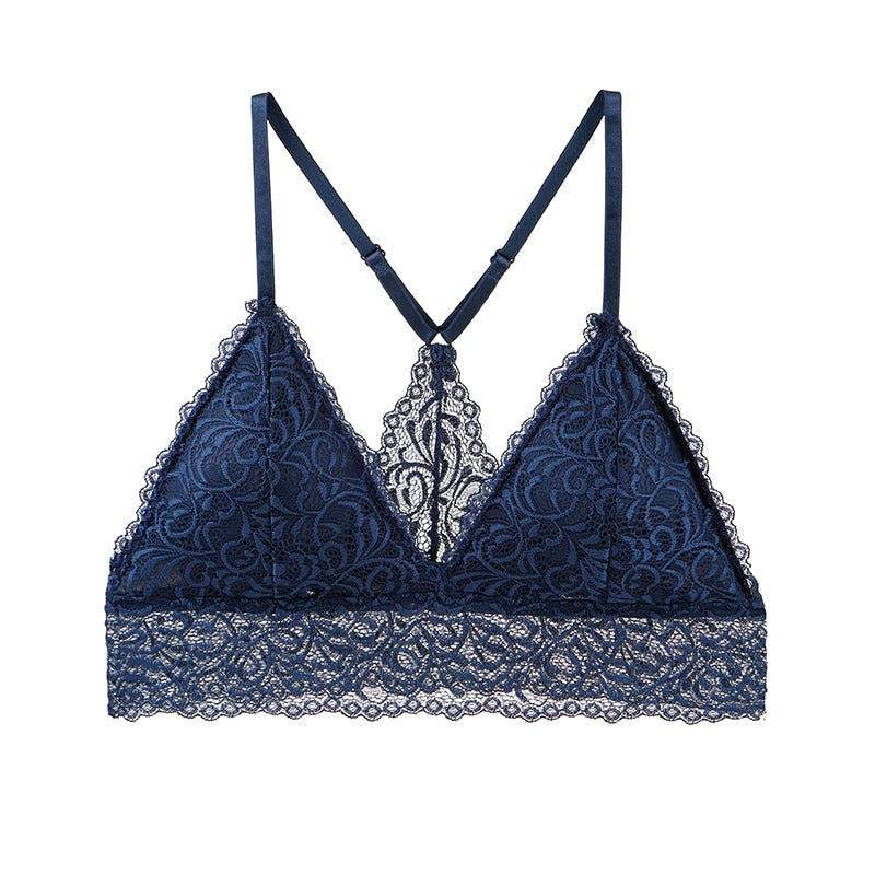 Bralette triangle bleue en dentelle avec dos croisé