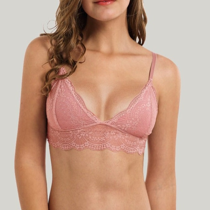 Bralette en dentelle florale sans armature, lingerie rose