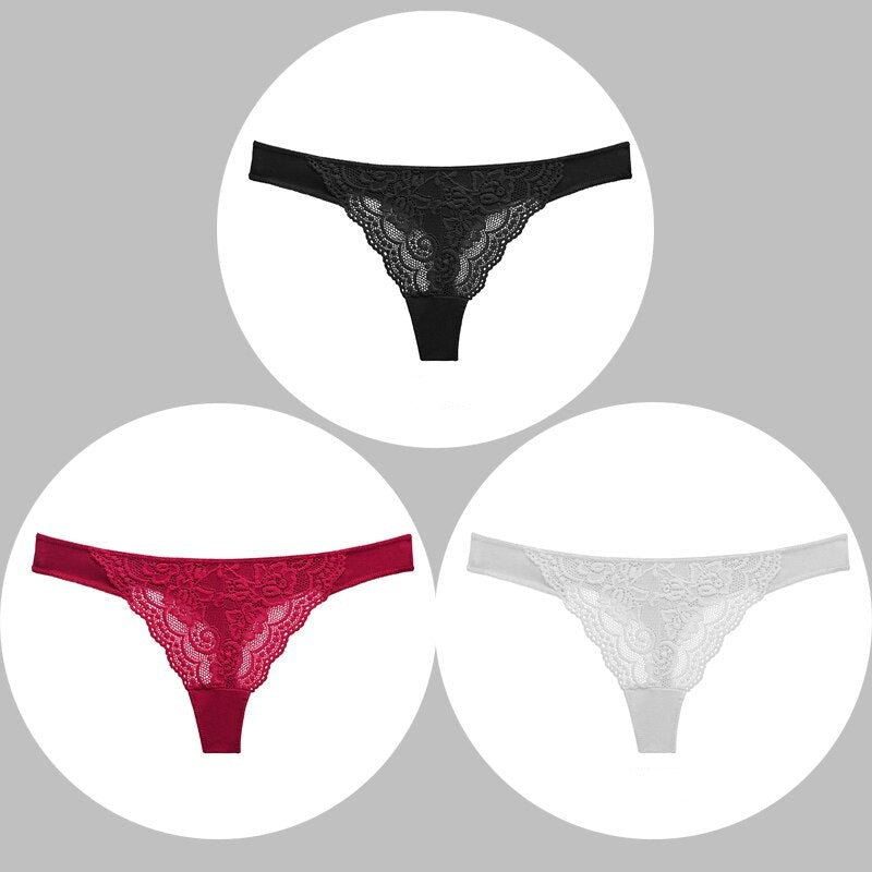 Lot de 3 string en dentelle florale, noir, rouge et blanc