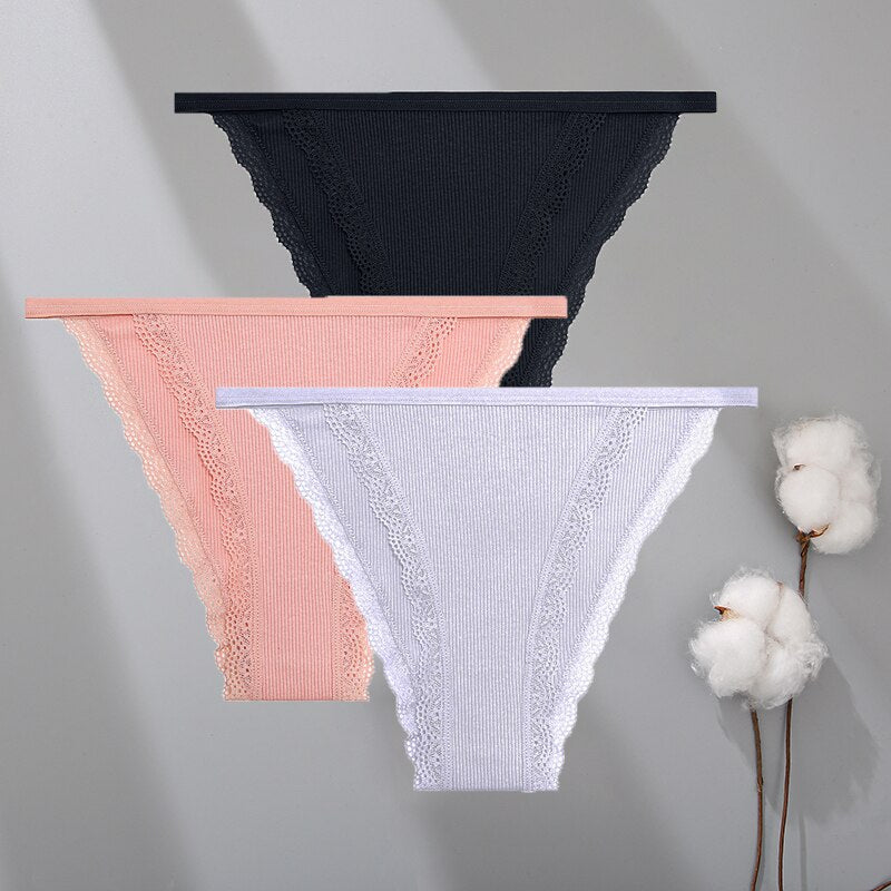 Lot de 3 culotte coton et dentelle, noir, rose et blanc