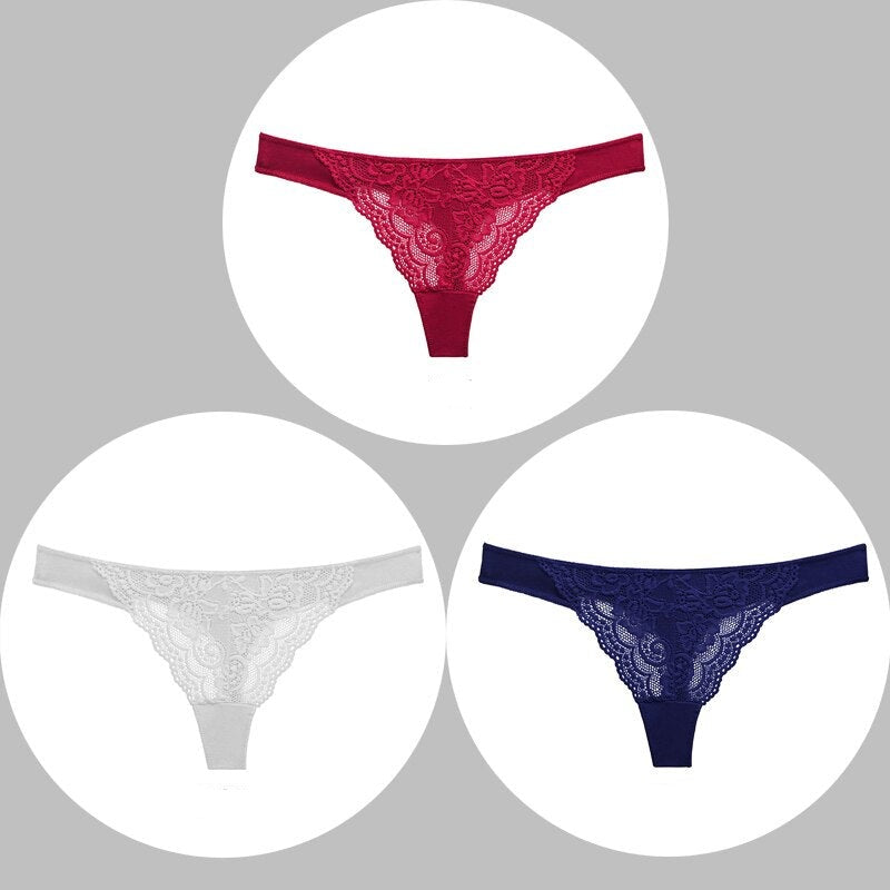 Lot de 3 string en dentelle florale, rouge blanc et bleu