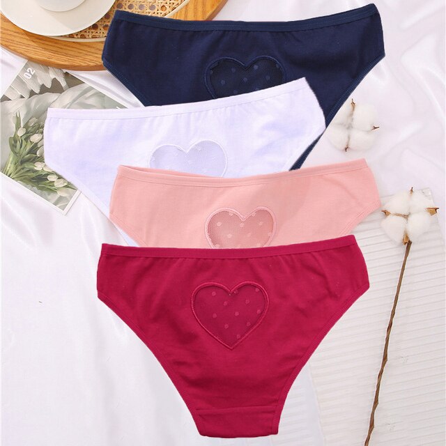 Lot de 4 culottes en coton petit cœur, bleu, blanc, rose et rouge