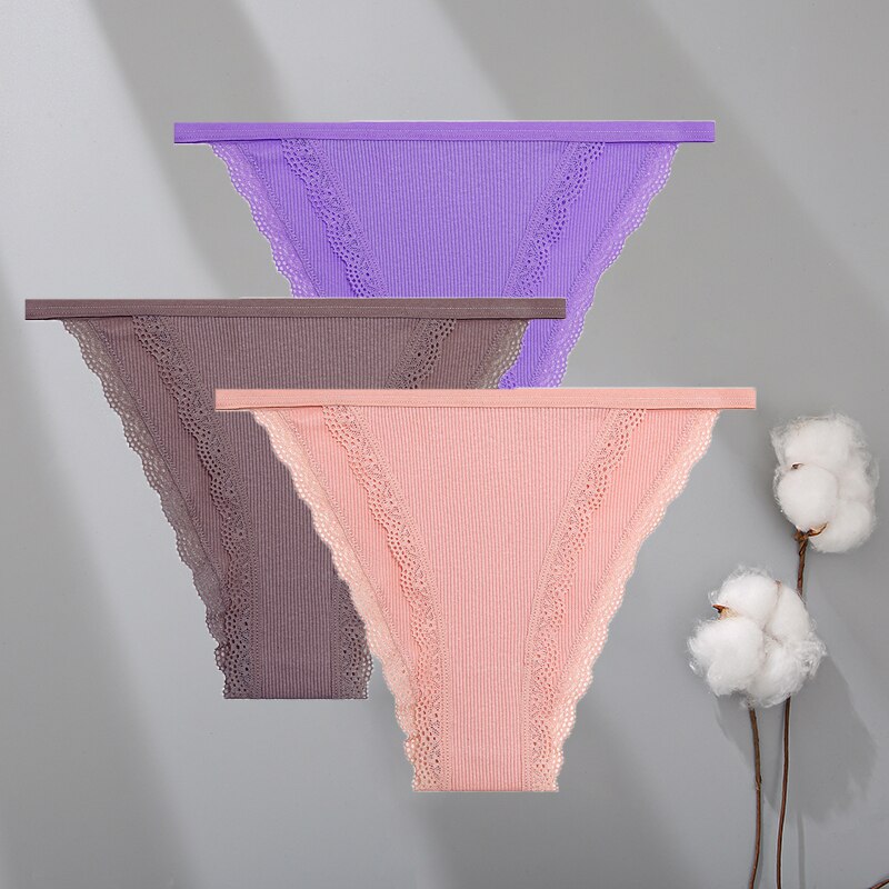 Lot de 3 culotte coton et dentelle, violet, mauve et rose