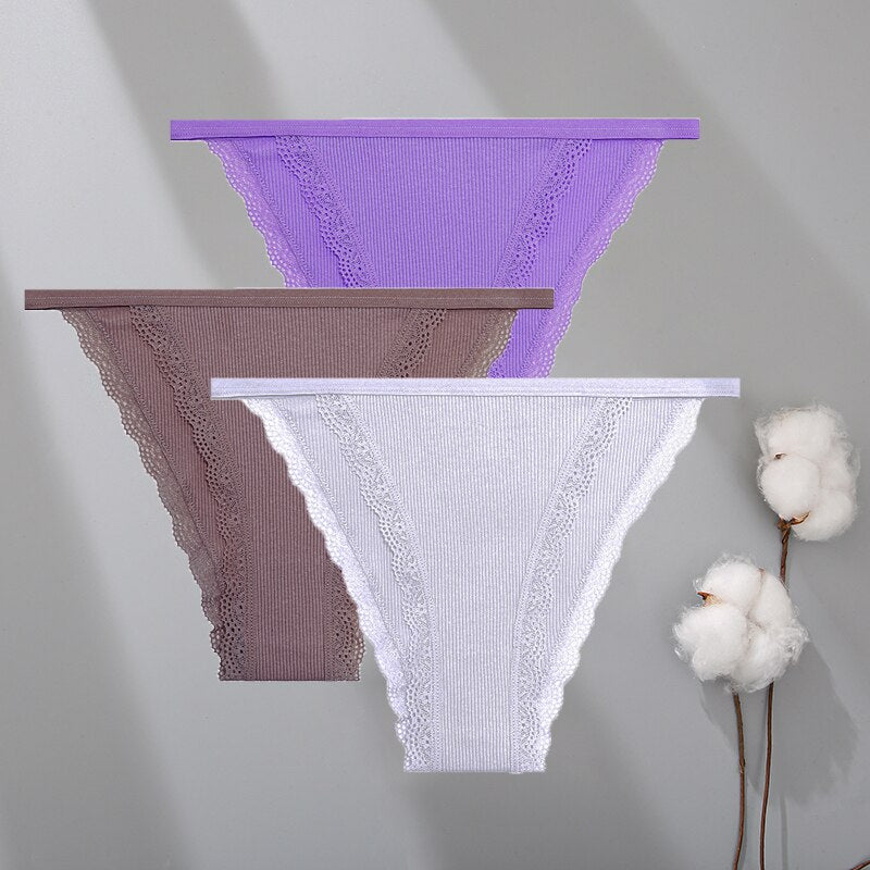 Lot de 3 culotte coton et dentelle, violet, mauve et blanc