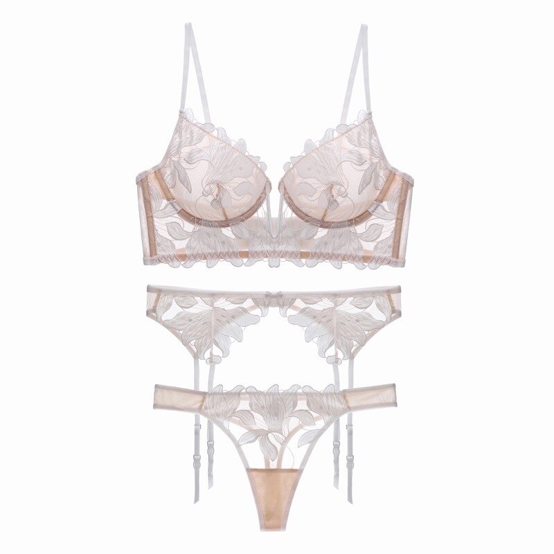 Ensemble de lingerie érotiques blanc à fleurs avec porte-jarretelle swatsunder