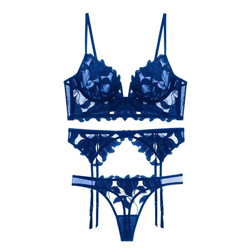 Ensemble de lingerie érotiques bleu à fleurs avec porte-jarretelle swatsunder