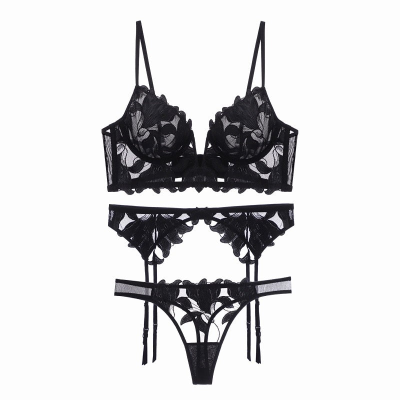 Ensemble de lingerie érotiques noir à fleurs avec porte-jarretelle swatsunder